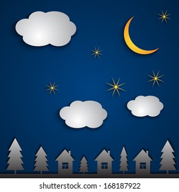 Vector night scene with village, trees and sky cut from paper