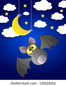Vector night scenery with bat. Night sky with clouds, moon, stars.