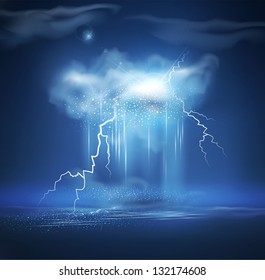 Vector night sea landscape with thunderstorm