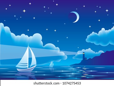 Vector night seascape with sailboat and lighthouse. EPS10