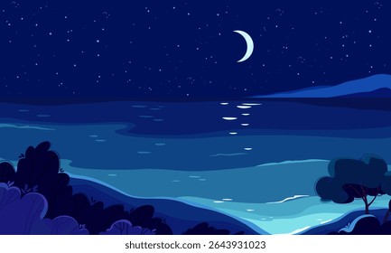 Vector night seascape. Sea with light waves on a moonlit starry night. Hand drawn illustration for travel websites and design. Moon reflected in the ocean. Landscape with trees