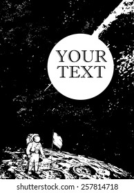 Vector night sky background. Lettering. Spaceman on the moon.