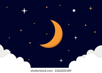 Vector night sky background stars and moon. crescent moon with clouds and stars in space