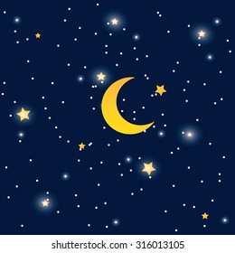 Vector night sky background stars and moon.