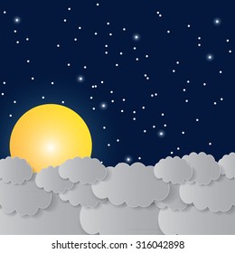 Vector night sky background stars and moon.