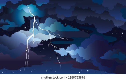 Vector night sky with blue dark clouds, stars and lightning. Nature illustration with summer storm.