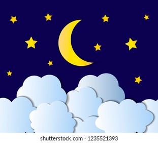 Vector Night Sky, Cartoon Illustration, Paper Art Style Background, Bright Yellow Moon, Stars and White Clouds Shining on Dark Blue Backdrop.