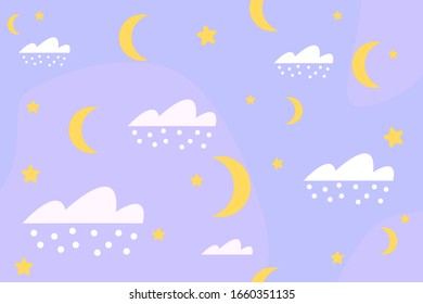 Vector night sky clouds. Cloud, star and moon on blue background. wallpaper vector illustration. 