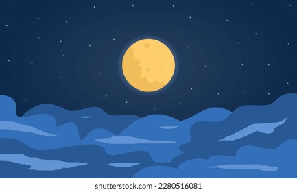 Vector night sky clouds. Moonlight. Background design. Flat style