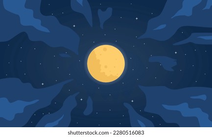 Vector night sky clouds. Moonlight. Background design. Flat style