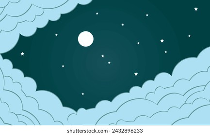 Vector night sky clouds. Moonlight. stars Background design. Paper art style