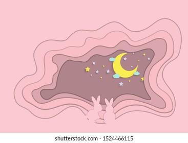 Vector night of sky with a crescent moon stars and rabbit. paper art style concept.EPS10