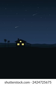 vector night sky with house and trees slihouette and stars