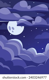 Vector night sky with moon, clouds and stars. Moon through the clouds