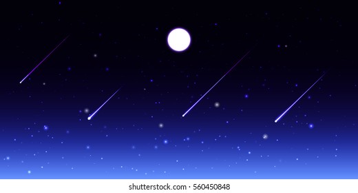 Vector night sky with moon and shooting stars