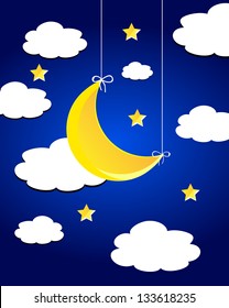 Vector night sky with moon, stars and clouds.