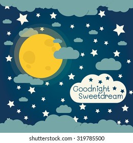 Vector Night Sky, Moon And Stars With Text Goodnight And Sweet Dream.