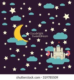 vector night sky, moon and stars, balloons and castle. 