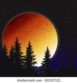 Vector. Night sky with the moon, stars, trees.