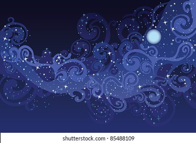 Vector night sky with stars, moon and milky way