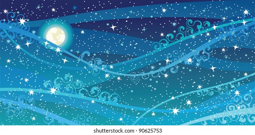 Vector night sky with stars, moon and milky way