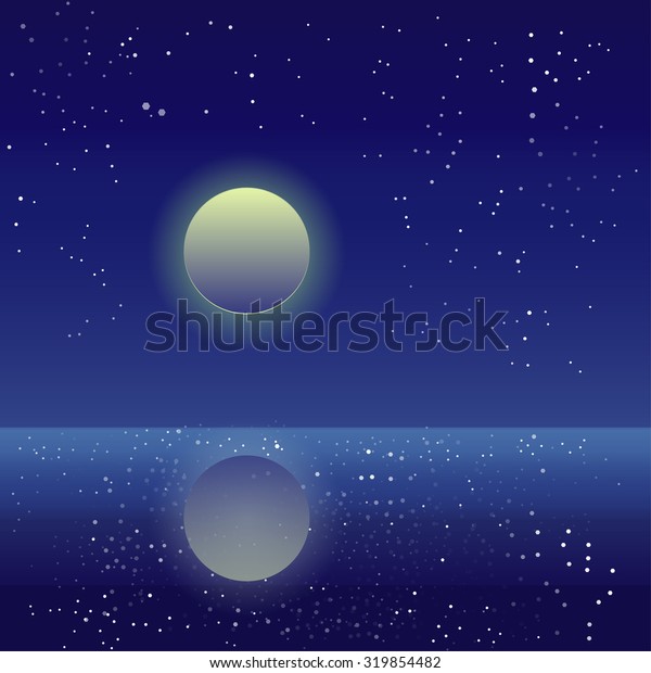 Vector night sky with stars and moon and water\
surface. Calm water.