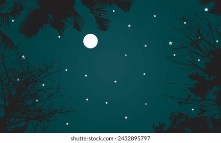 Vector night sky stars. Moonlight. trees Background design