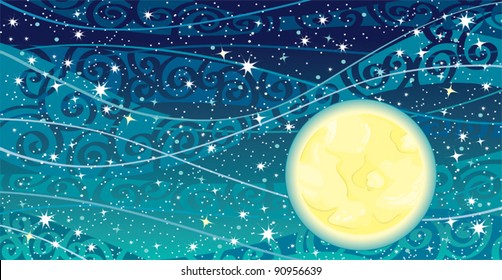 Vector night sky with stars, yellow moon and milky way