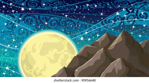 Vector night sky with stars, yellow moon and mountains