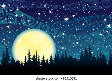 Vector night sky with stars, yellow moon and forest