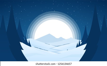 Vector night snowy winter mountains landscape with hills, river or road and fool moon