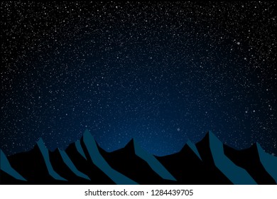 Vector night space landscape with silhouette mountains. Mountain outdoor tourism on starry sky background, banner, backdrop. Dark blue sky with shinning stars. Camp, hiking, adventure on the rock.