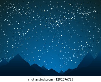 Vector night space landscape with silhouette mountains. Mountain outdoor tourism on starry sky background, banner, backdrop. Dark blue sky with shinning stars. Camp, hiking, adventure on the rock.