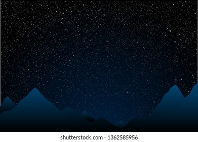 Vector night space landscape with silhouette mountains. Mountain outdoor tourism on starry sky background, banner, backdrop. Dark blue sky with shinning stars. Camp, hiking, adventure on the rock.