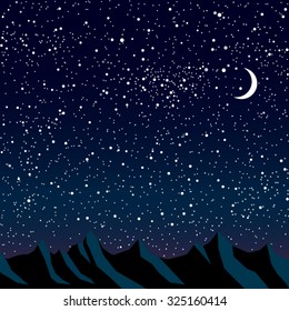 Vector night space landscape with silhouette mountains. Mountain outdoor tourism on starry sky background, banner, backdrop. Dark blue sky with shinning stars. Camp, hiking, adventure on the rock.