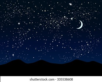 Vector night space landscape with silhouette mountains. Mountain outdoor tourism on starry sky background, banner, backdrop. Dark blue sky with shinning stars. Camp, hiking, adventure on the rock.