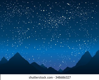 Vector night space landscape with silhouette mountains. Mountain outdoor tourism on starry sky background, banner, backdrop. Dark blue sky with shinning stars. Camp, hiking, adventure on the rock.