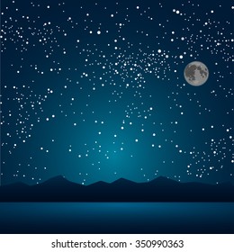 Vector night space landscape with silhouette mountains. Mountain outdoor tourism on starry sky background, banner, backdrop. Dark blue sky with shinning stars. Camp, hiking, adventure on the rock.