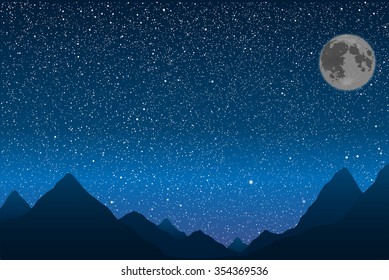 Vector night space landscape with silhouette mountains. Mountain outdoor tourism on starry sky background, banner, backdrop. Dark blue sky with shinning stars. Camp, hiking, adventure on the rock.