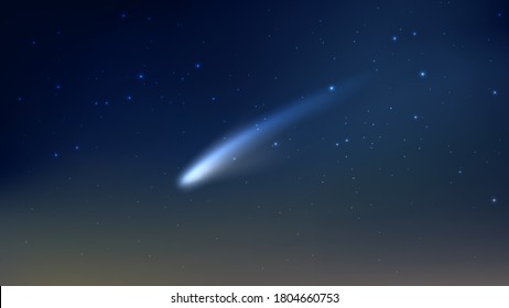 Vector night starry sky with falling comet and asteroid