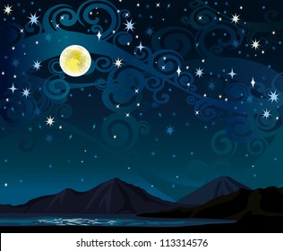 Vector night starry sky with yellow full moon, mountains and calm lake