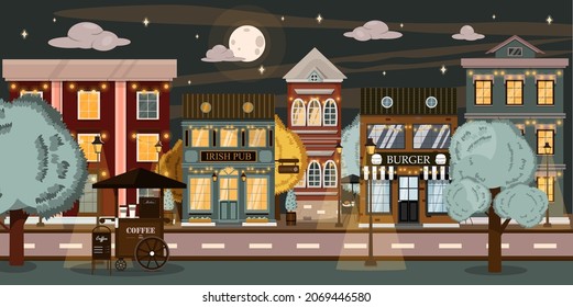 Vector Night Street With Restaurant, Bar Shop, Houses And A Food Cart. Cartoon Illustration With Holiday, Party And Park The Background Is In A Flat Style. European City In Summer