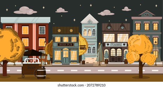 Vektor Nachtstraße mit Restaurant, Bar Shop, Häuser und Speisekarte. Cartoon-Illustration mit Straße und Park Der Hintergrund ist in einem flachen Stil. Europäische Stadt im Herbst