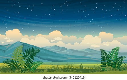 Vector night summer landscape with green grass, fern and mountains on a starry sky background.