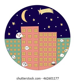 Vector "Night time" round card. Night city