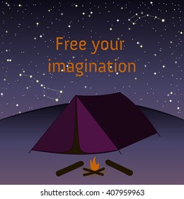 Vector night time sky, stars, camping fire place illustration. Free your imagination poster