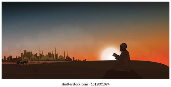 Vector night or twilight scene of Arabian desert.Vector of mosque,dust,sand,desert,camels a prayer prays to god in Ramadan Celebration month.Landscape of Muslim cultural tradition and Bedouin. 