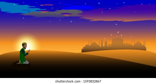 Vector night or twilight scene of Arabian desert. Vector of mosque, dust, sand, desert,  a prayer prays to god in Ramadan Celebration month. For design cards and greetings.