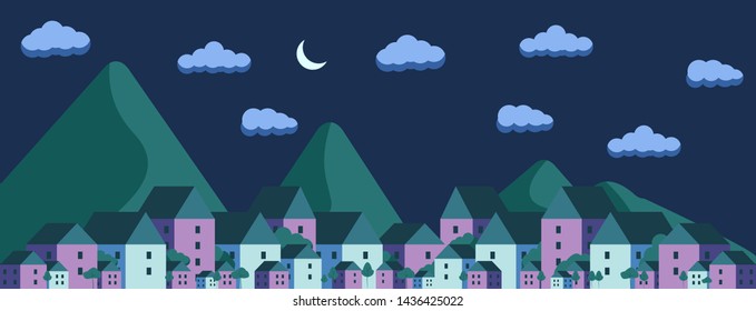 vector night village and hills landscape, flat illustration of houses under new moon and dark sky