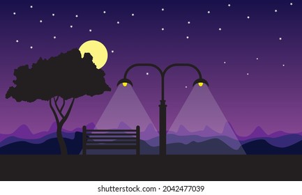Vektorhintergründe mit Bank, Baum, Mond und Straßenlicht.